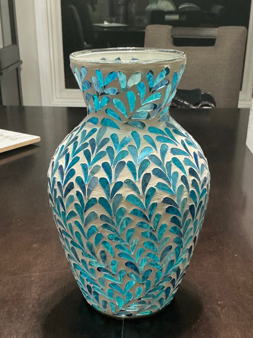 Decorative Blue Glass Mosaic Vase - Turquoise Leaf Pattern - Valerie Parr Hill
